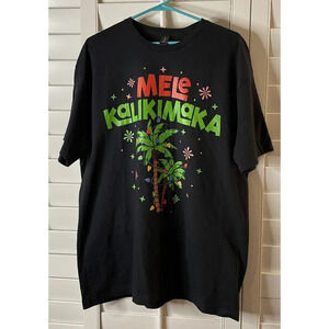 Mele Kalikimaka Christmas Holiday T Shirt Tee‎ Black Hawaiian Palm Tree Colorful